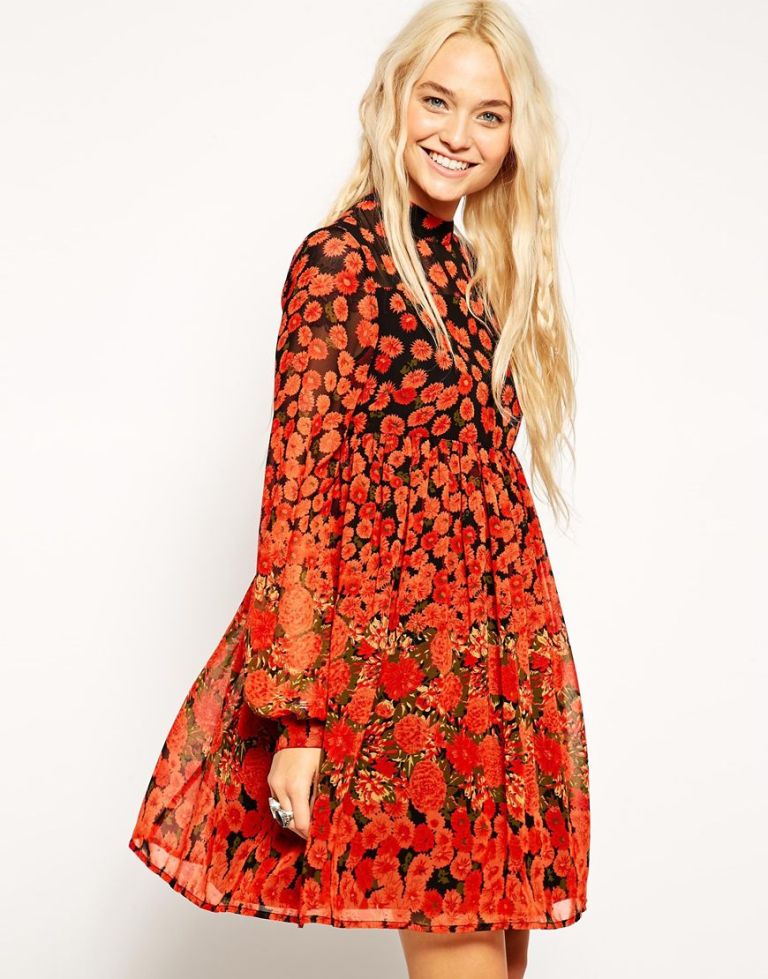 ASOS Skater Dress with Funnel Neck in Border Poppy Print