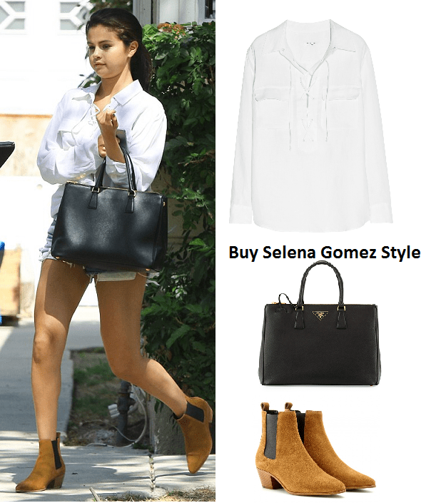 Selena Gomez black bag white lace up shirt denim shorts instagram