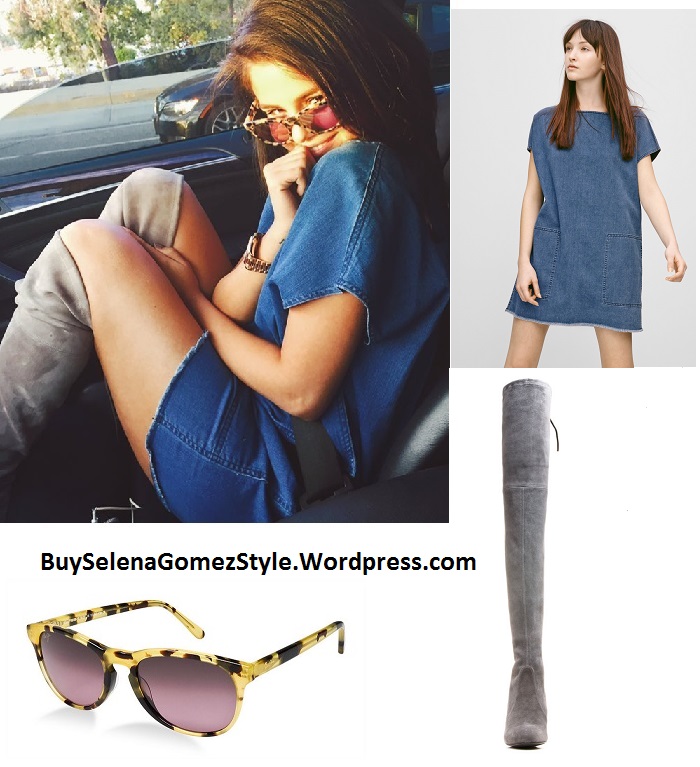 Selena Gomez denim dress grey boots instagram