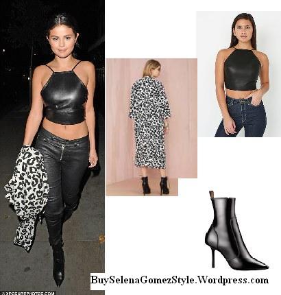 Selena Gomez leather top leopard coat instagram