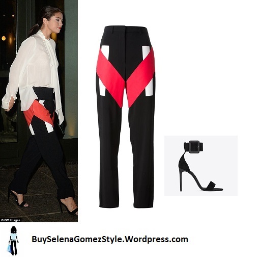 Selena Gomez cream blouse red black white pants instagram