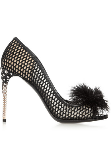 Miu Miu Feather Embellished Mesh Peep-Toe Pumps