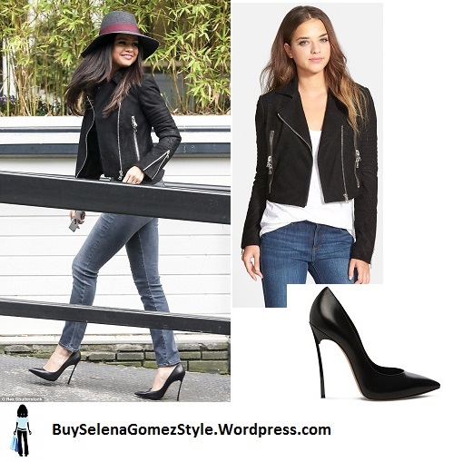 Selena Gomez black biker jacket jeans London instagram