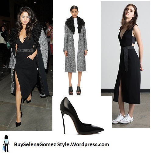 Selena Gomez grey coat fur collar black dress London instagram