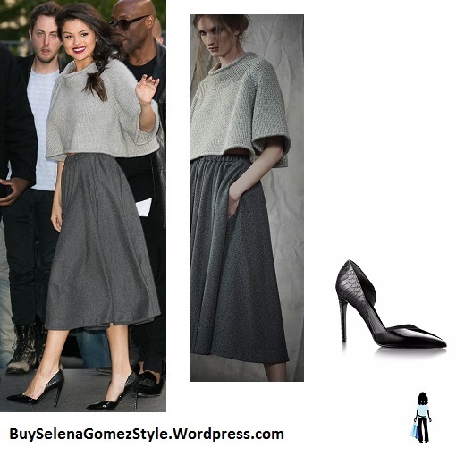 Selena Gomez grey cropped knit sweater grey skirt Paris instagram