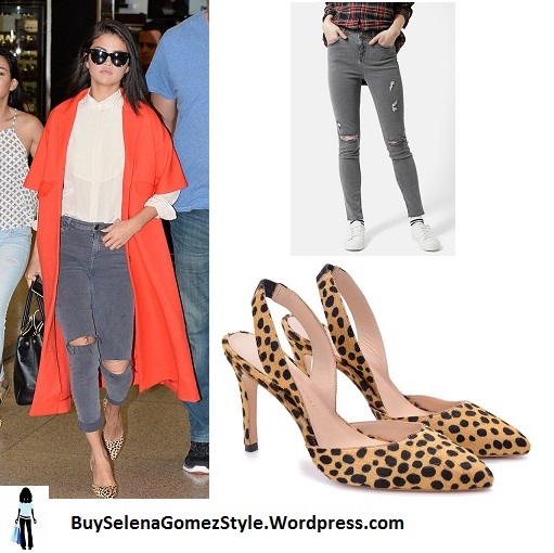 Selena Gomez orange coat leopard shoes Miami airport instagram