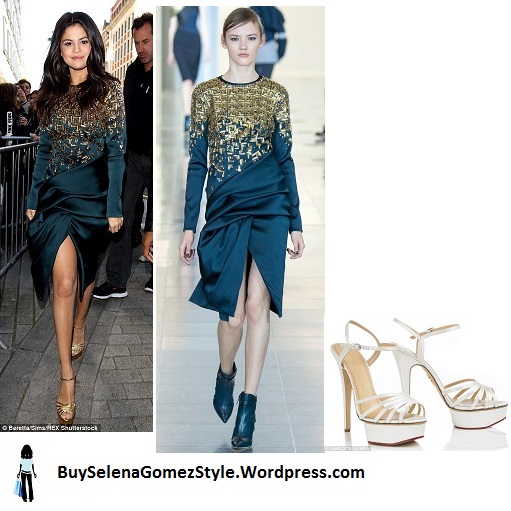 Selena Gomez teal dress gold sandals BBc instagram
