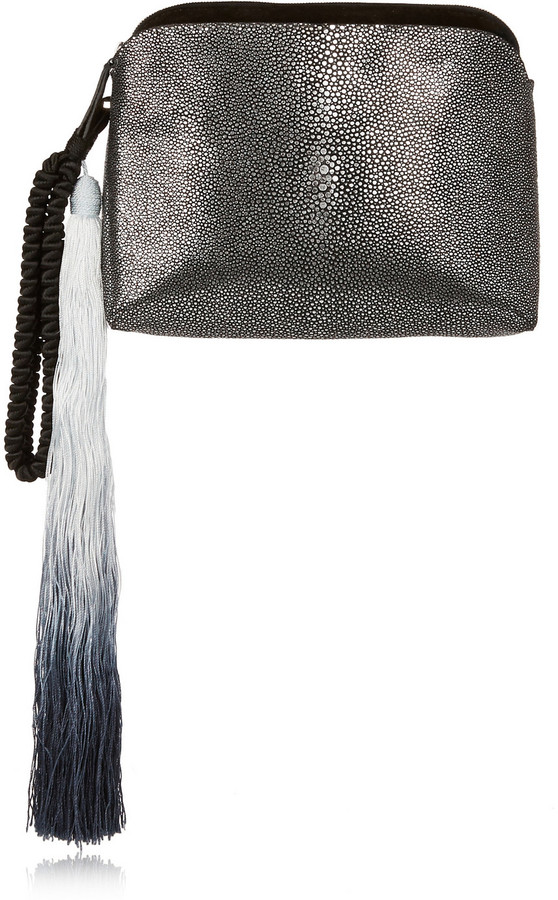 Wristlet tasseled suede-trimmed stingray clutch
