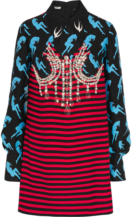 Miu Miu Embellished printed twill mini dress
