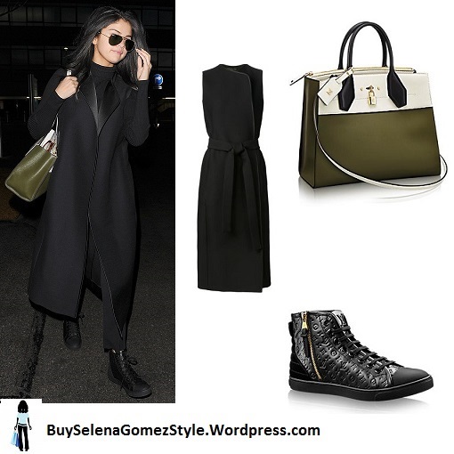Selena Gomez black coats black boots Heathrow instagram