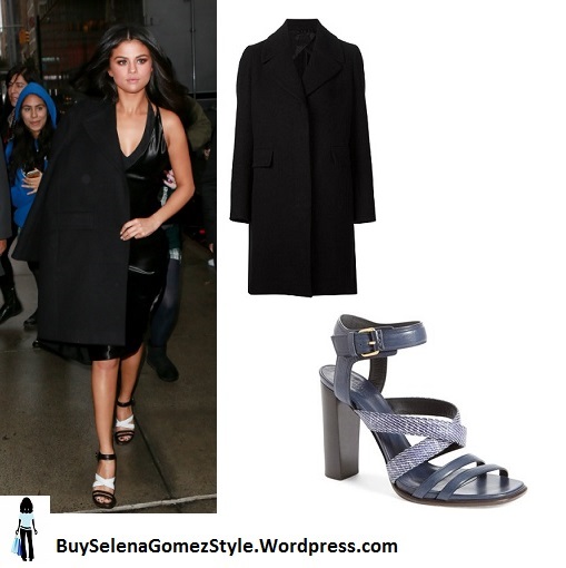 Selena Gomez black dress coat black and white sandals instagram