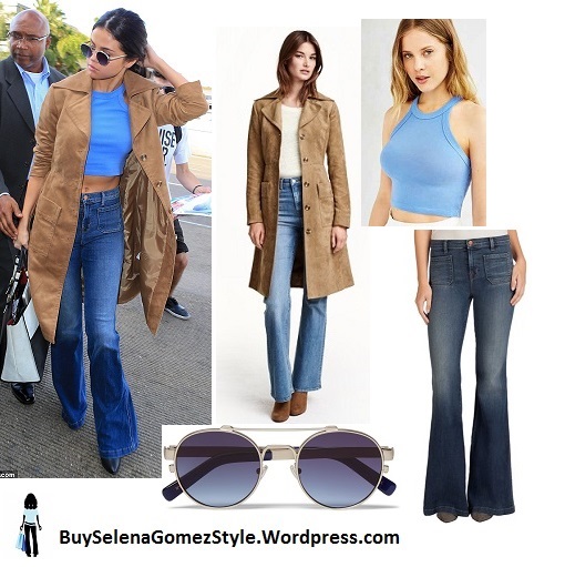 Selena Gomez blue top jeans beige suede jacket LAX instagram