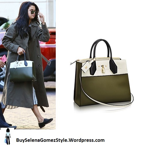 selena-gomez-green-trench-blue-and-white-striped-shirt-instagram