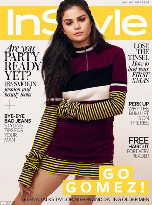 Selena Gomez purple black and wehite dress Instyle January 2016