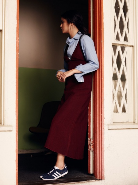 Selena Gomez maroon dress blue shirt blue trainers InStyle.