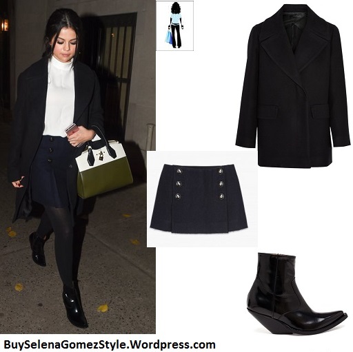 selena-gomez-white-turtleneck-black-coat-navy-pleated-skirt-ny-instagram