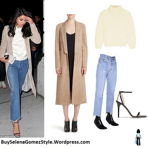 Selena Gomez beige suede coat white turtleneck rayed jeans photoT Jackson AKM-GSI