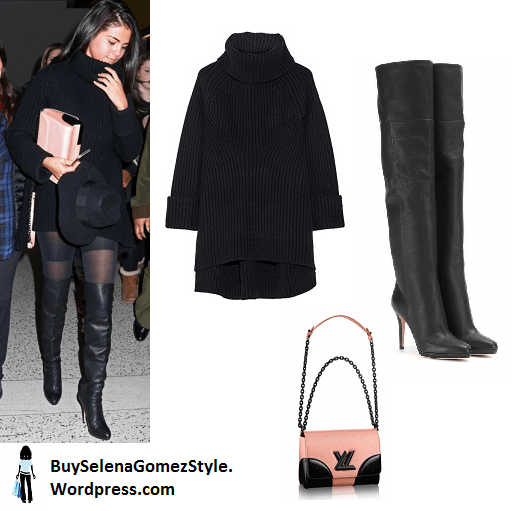 Selena gomez black turtleneck sweater  over the knee boots pink bag black hat instagram