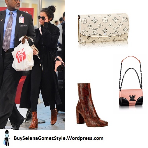 Selena gomez brown snakeskin boots black coat pink bag airport instagram