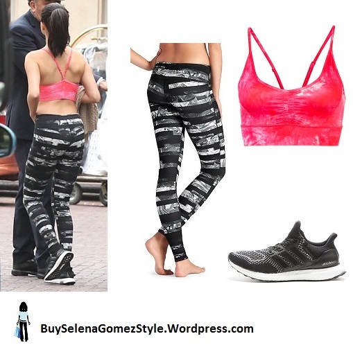 Selena Gomez pink bralet black and white leggings black trainers instagram