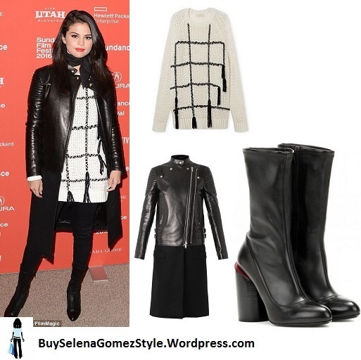 Selena gomez white and black sweater black leather coat black boots Sundance 2016 instagram