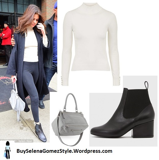 Selena Gomez black coat and leggings white turtleneck NY instagram