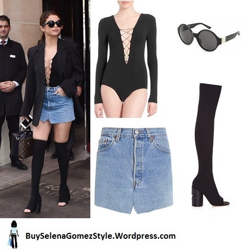 Selena Gomez black lace up top denim skirt black open toe heels Paris 2016 instagram