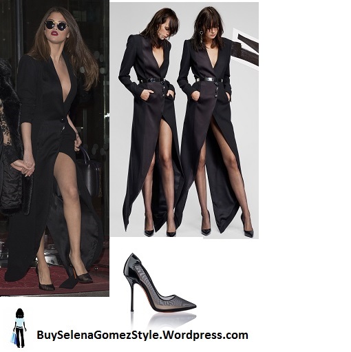 Selena Gomez black low cut split coat dress mesh shoes Paris 2016 instagram