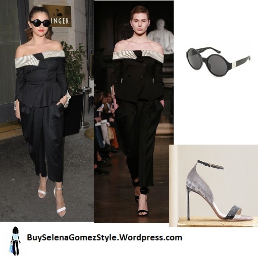 Selena-Gomez-black off the shoulder top and trousers white sandals PAris 2016 instagram