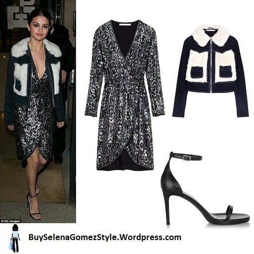 Selena Gomez black sequin dress denim and fur jacket black sandals Paris 2016 instagram