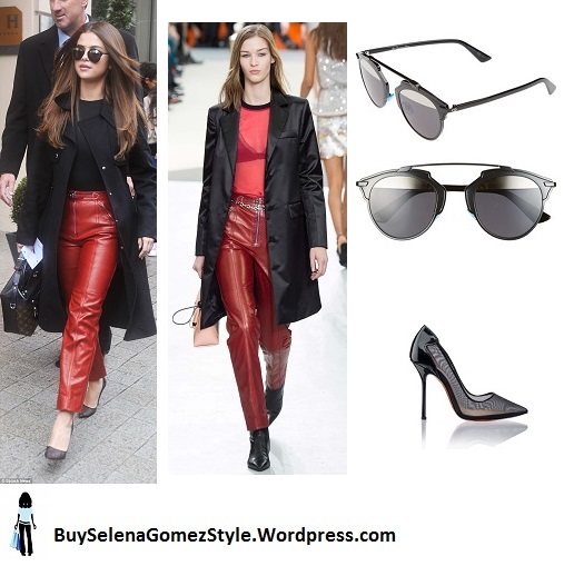 Selena Gomez black top black coat red leather pants black pumps Paris 2016 instagram