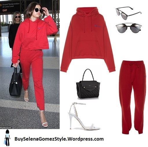 Selena Gomez red tracksuit LAX white sandals black bag instagram