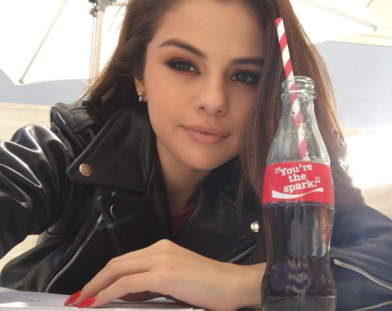 Selena Gomez black leather jacket shareacoke