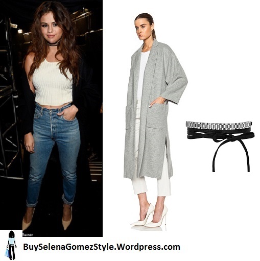 Selena Gomez cream crop top jeans nude pumps instagram