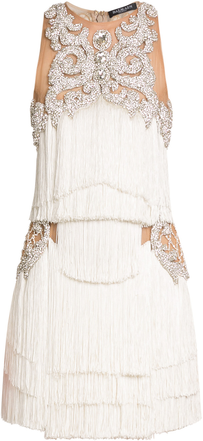 Balmain dress with fringing and crystal embellishment