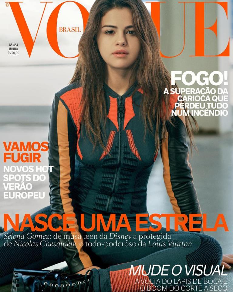 Selena Gomez black and orange catsuit Vogue Brazil