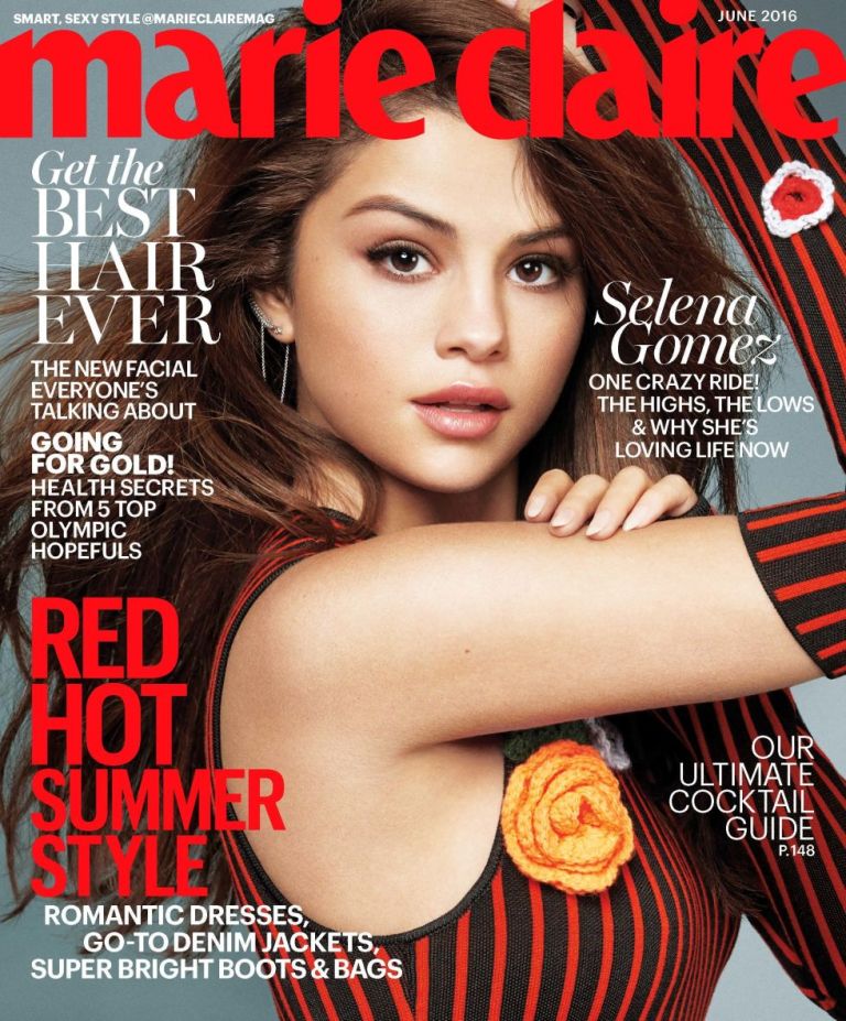 Selena gomez red and black stripe top Marie Claire