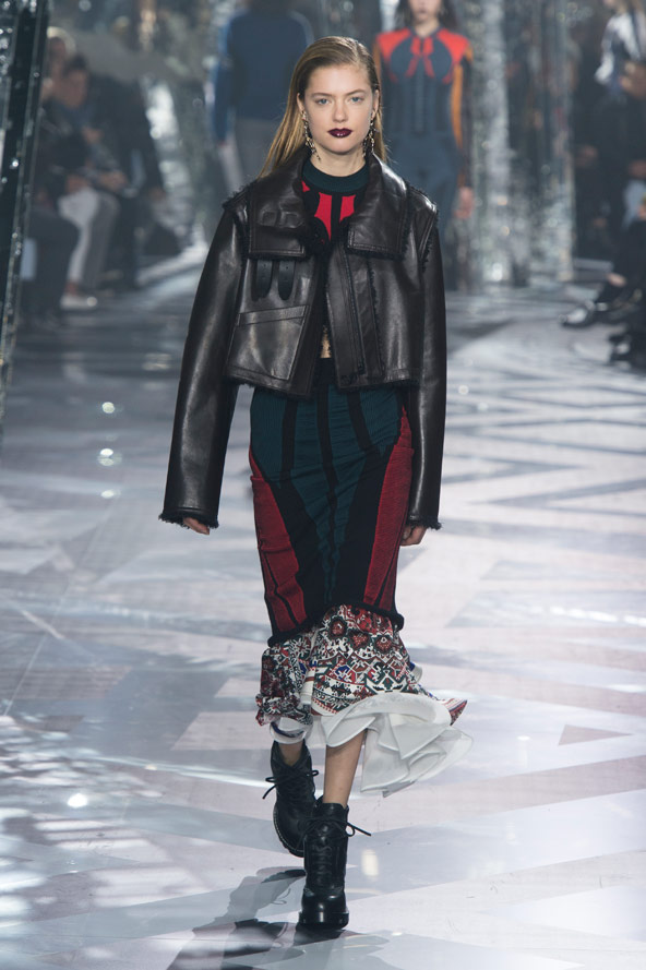 Louis Vuitton leather jacket and blue and red dress AW 2016