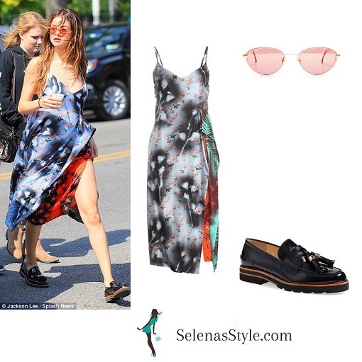 Selena Gomez blue and red dress black loafer New York instagram