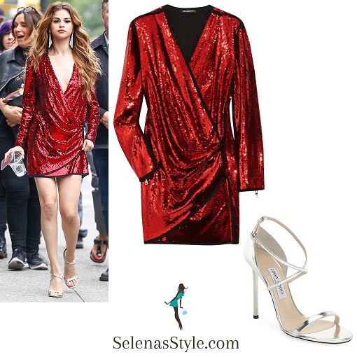 Selena Gomez red sequin dress silver sandals New York June 2016 instagram