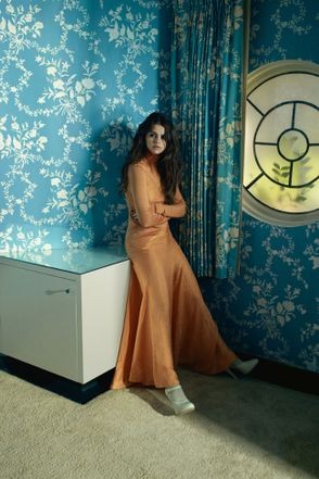 Selena Gomez style orange maxi dress Vogue Australia photo Emma Summerton