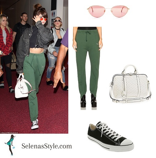 Selena Gomez cropped black polo denim jacket green joggers white bag Revival Tour August instagram
