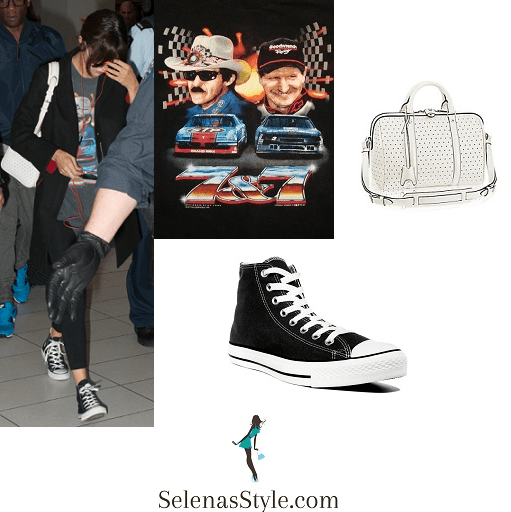 Selena Gomez style car t-shirt sneakers white bag Sydney airport august 2016 Revival Tour instagram.png