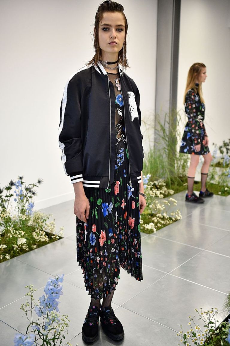 MArkus Lupfer SS17 black floral dress with sheer top pleated skirt black bomber photo firstview.jpg