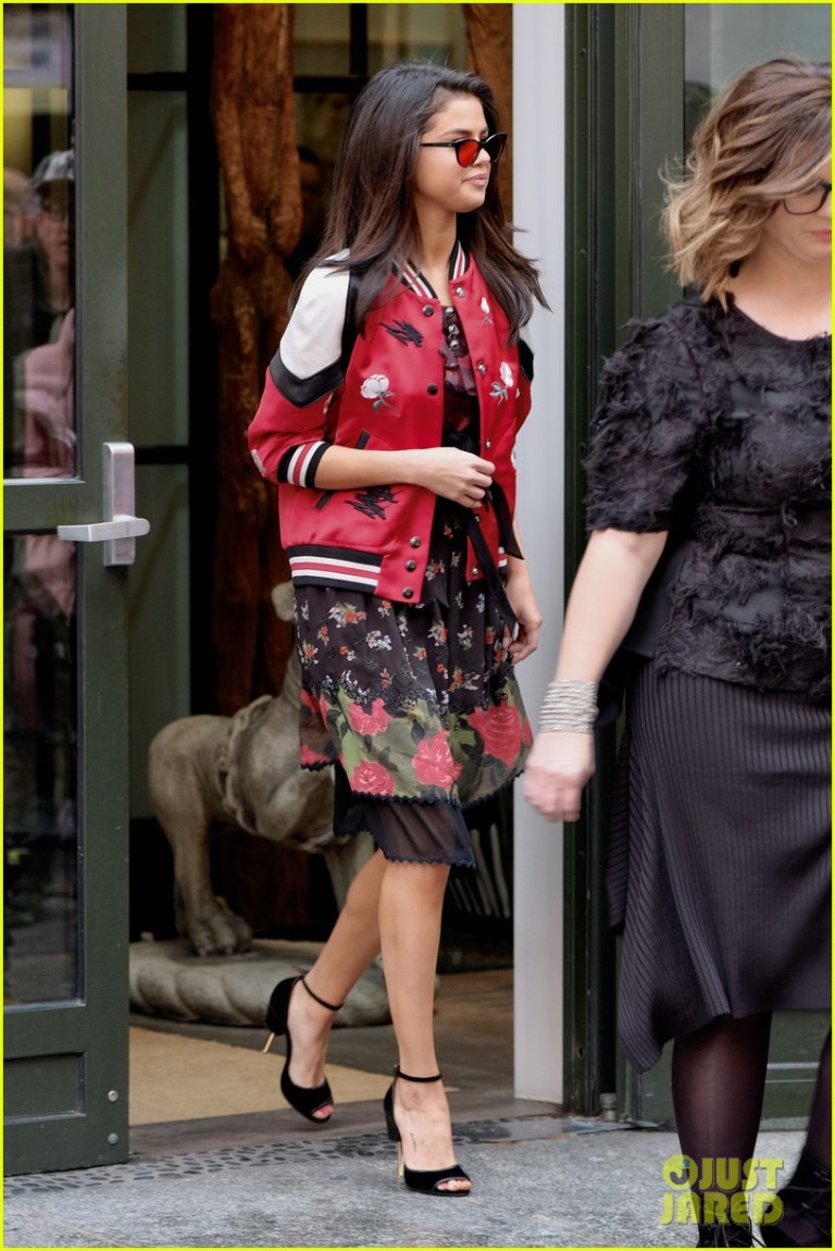 selena-gomez-red-bomber-jacket-floral-skirt-new-york