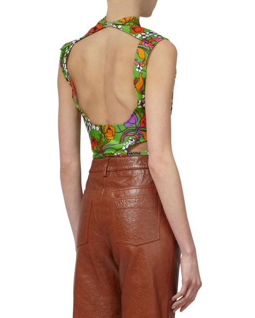 Balenciaga Green Flower Print Open Back Cotton Crop Top back view