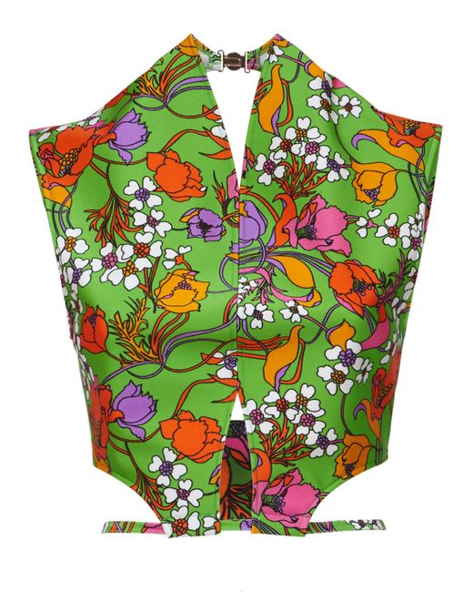 Balenciaga Green Flower Print Open Back Cotton Crop Top