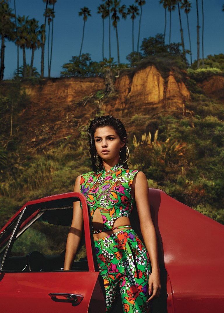 Selena gomez green floral top and trousers vogue april 2017 Photo Mert Alas and Marcus Piggott