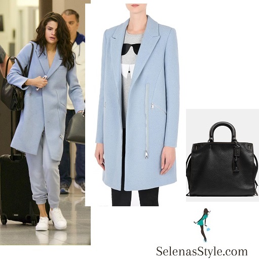 Selena Gomez style blue zip coat