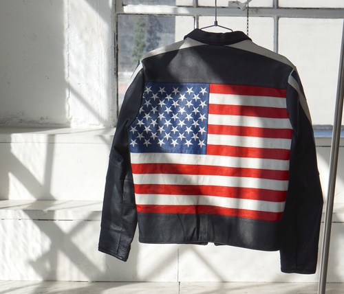 Black Leather Racer American Flag Jacket back view
